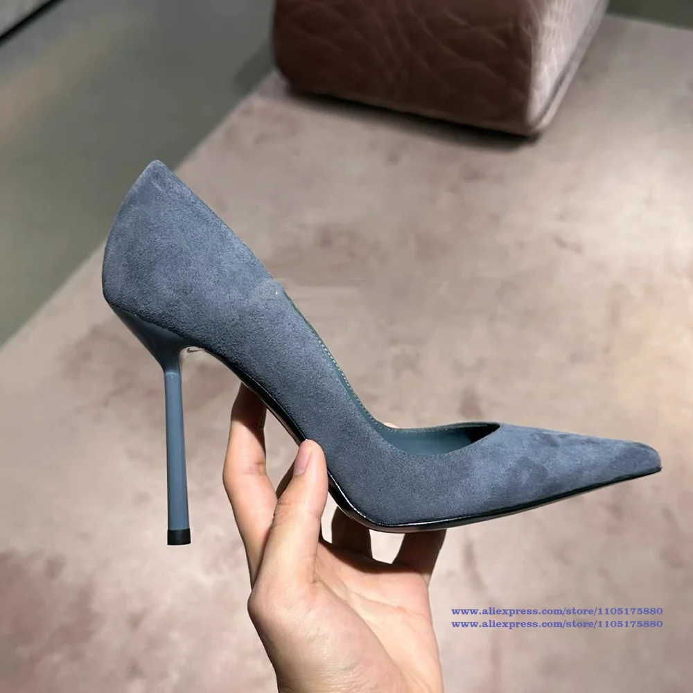 

Blue Suede Slip On Pumps Pointy Toe Stiletto Heels High Heels Women's Sexy Party Dress Shoes Designer Sandalias De Mujer Verano