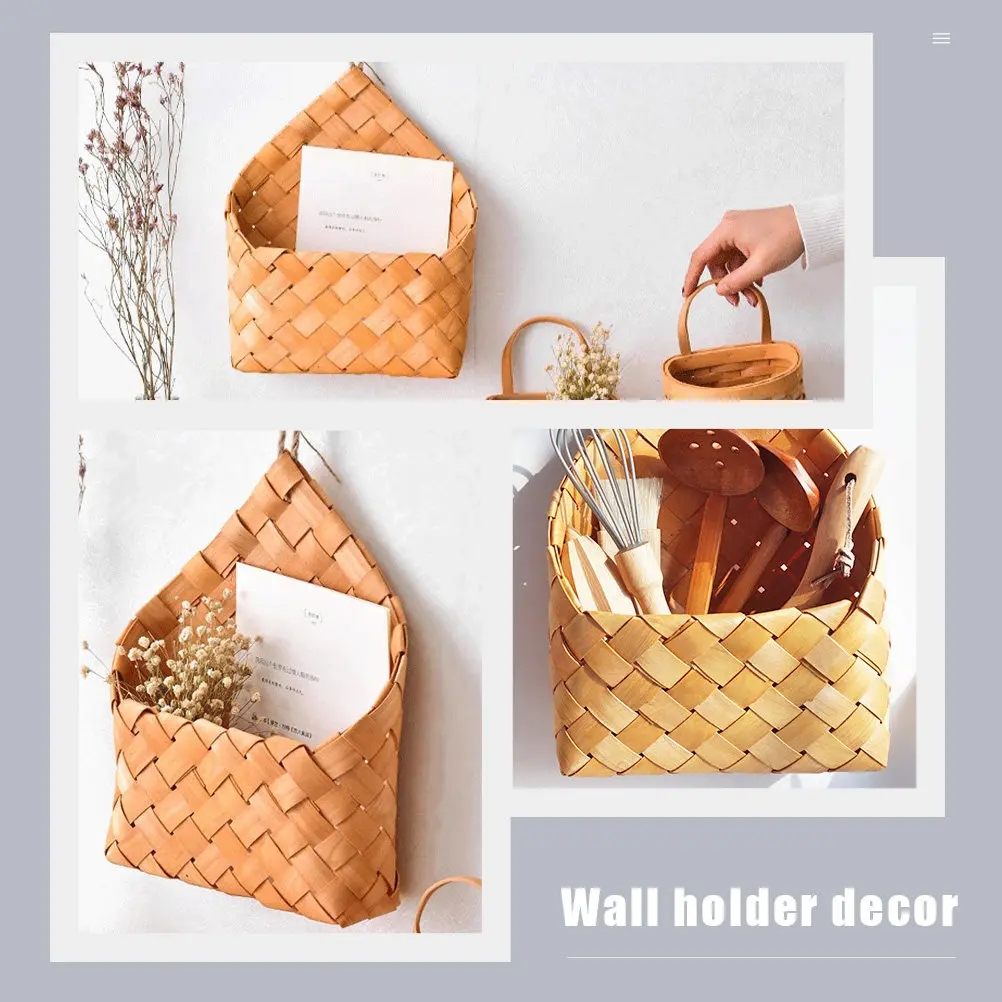 1Pcs Woven Wood Wall Storage Basket Khaki Hanging Flowerpot Wall Holder Decor Plant Container Home Office Wood Woven Basket view 5