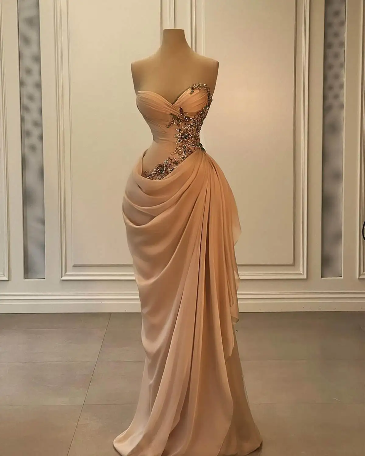 Fashion Mermaid Prom Dress Crystal Sweetheart Neck Strapless Sleeveless Evening Dresses Pleats Ruched Customized