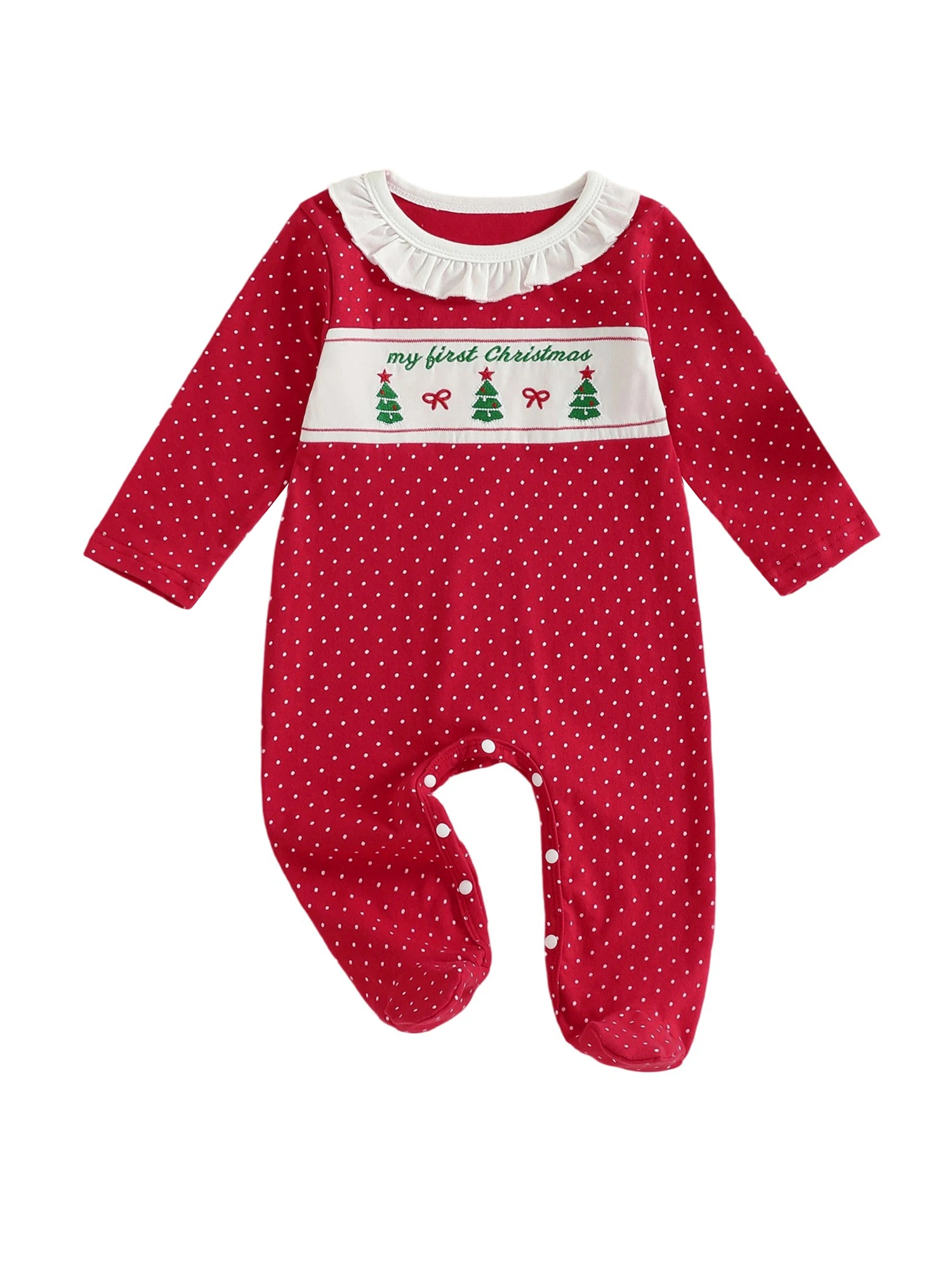 

Infant Girl Holiday Romper with Reindeer Embroidery and Polka Dot Print Long Sleeve Ruffle Trimmed Footed Jumpsuit for