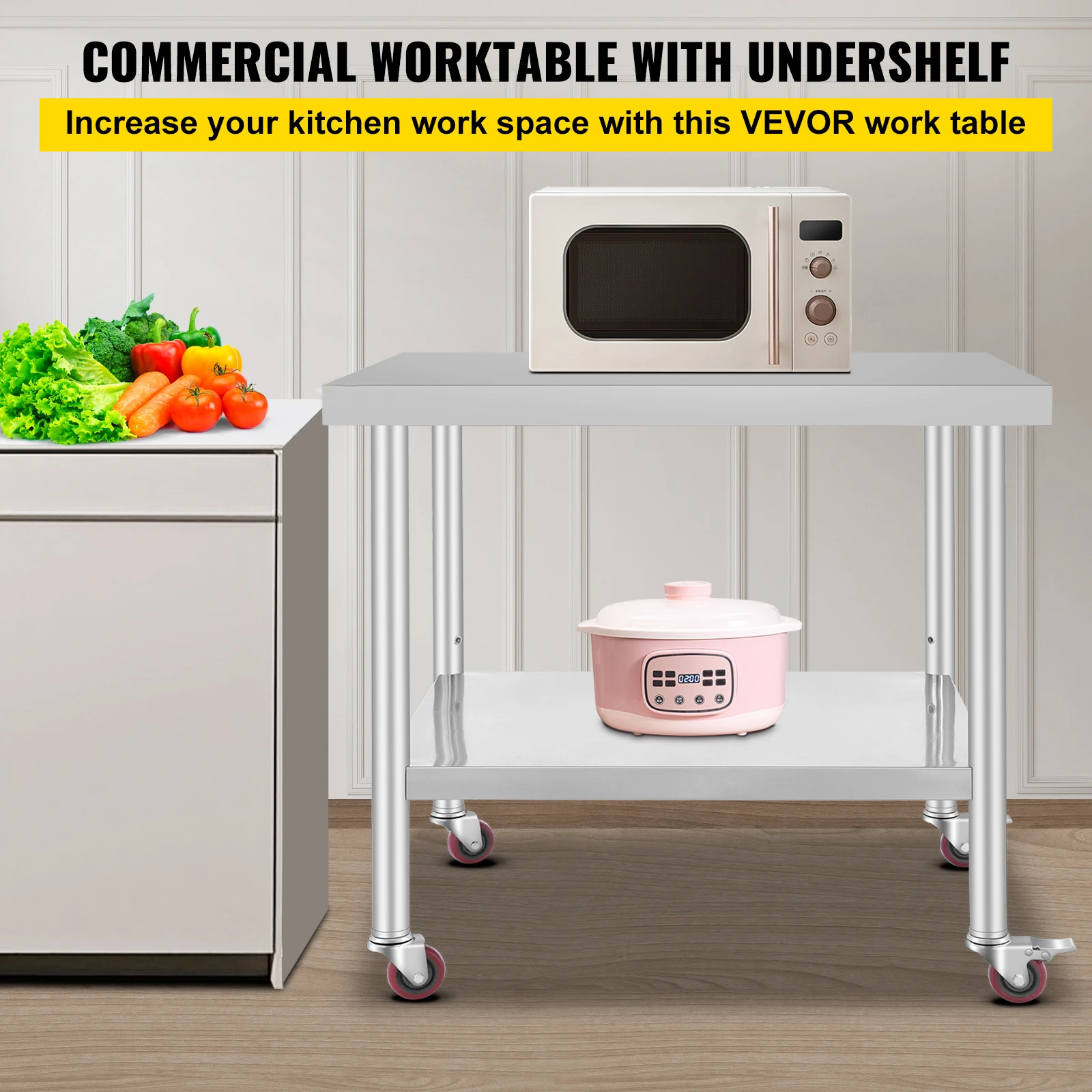 SucceBuy 36 x 30 inch Stainless Steel Work Table with 4 Wheels Heavy Duty Food Prep Worktable for Commercial Kitchen Restaurant