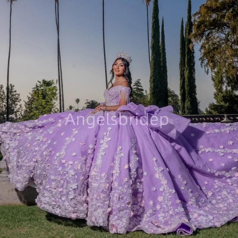 فساتين Angelsbride-Quinceanera مع زخارف وشرابة بيضاء ، فستان كرة اللافندر الرائع ، 15