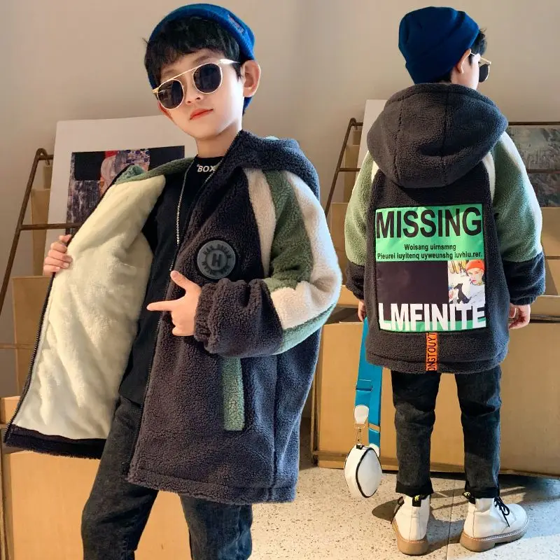 

Winter Fashion Woolen Thick Warm Boys Jackets Coats Letter Print Cotton Jacket Hooded Windbreaker Outerwear for Children Clothes