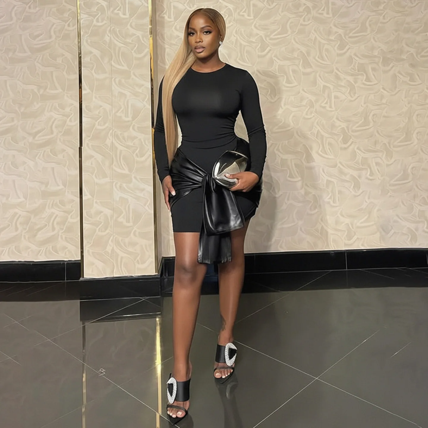 Stylish Lady Elegant PU Leather Bow Tie Wrap Dress 2026 Summer Women Long Sleeve Bodycon Nightclub Bar Evening Party Mini Dress