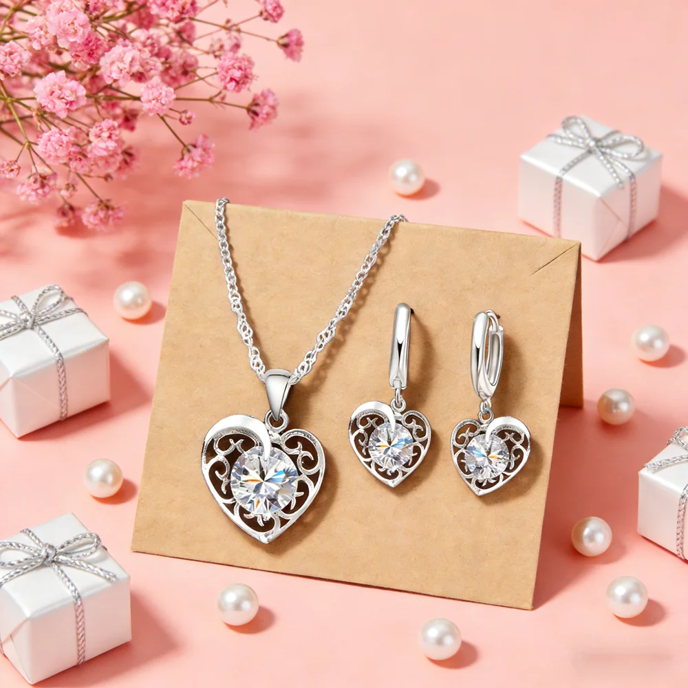 New Heart CZ Jewelry Sets 925 Sterling Silver Cubic Zirconia Heart Necklace Hoop Earrings Lever Back Wedding Party Jewelry