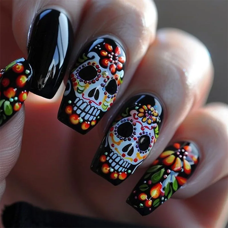 

24Pcs Long Square Press on Nails - Halloween Design with Colorful Grinning Skulls, Glowing Floral Patterns and Green Leaves