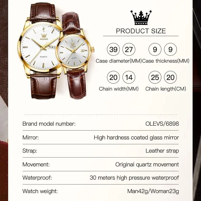 OLEVS 6898 Couple Quartz Watch Fashion High Quality Waterproof Leather Strap Top Luxury Brand Men's and Women's Couple Set Watch