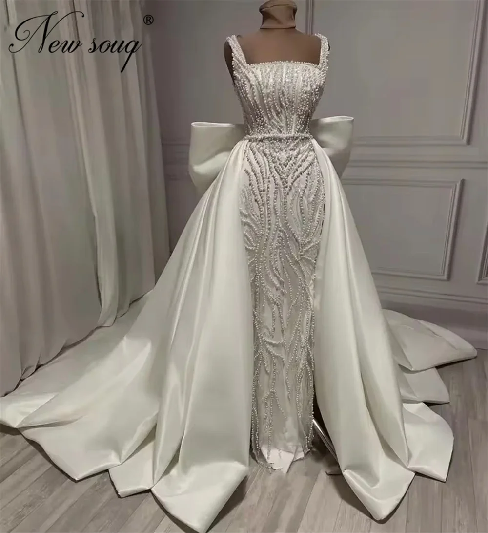 

Luxurious Pearls Wedding Party Dresses With Detachable Skirt Spaghetti Straps Evening Dress Party Vestidos De Cóctel Customized