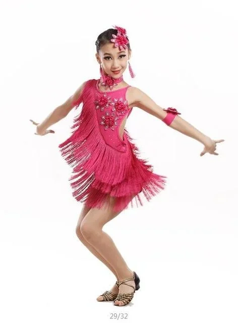 Sequins Tassels Kids Competition Latin Costumes Dance Dresses Girls Gymnastics Party Dancing Dress Stage Outfits Wear Dancewear