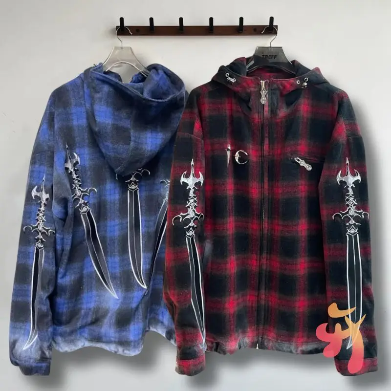 

winter American High Street Thug Club Jacket Checkered Holy Sword Print Flannel Multi Pocket Zippered Hoodie Men Women Coats