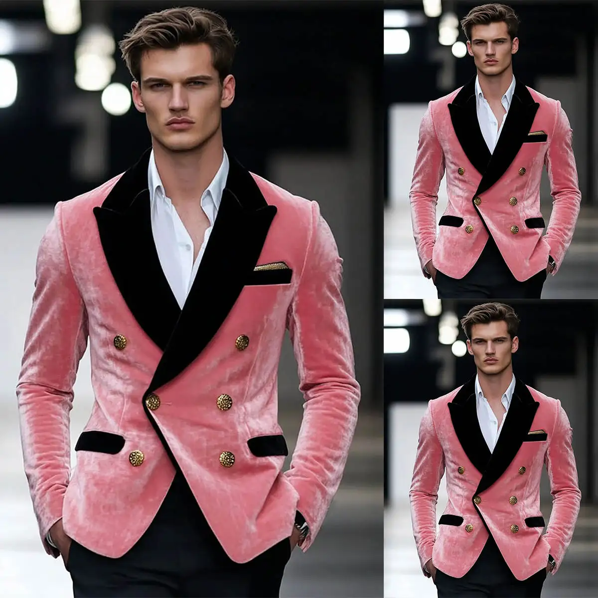 

Pink Velvet Men Wedding Tuxedos Tailored Peaked Lapel Jacket With Golden Button Birthday Party Prom Groom Wear One Piece