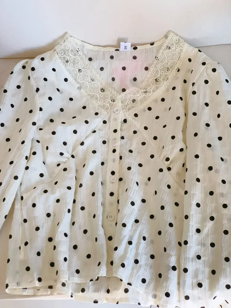 

Dot Shirts Women Summer Casual Tops All-match Loose V-neck Tender Blouse Mujer Fashion Vintage Age-reducing Ulzzang Beautiful