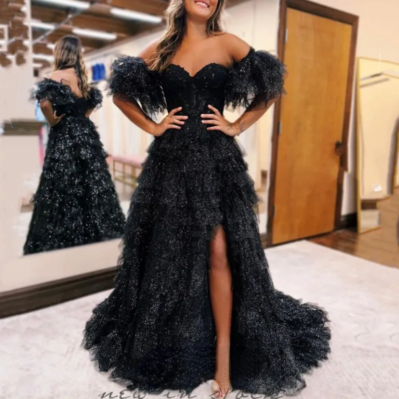 

New Formal Black Tiered Evening Dress 2024 Luxury Glitter Prom Gowns Women Popular Homecoming Party Dresses Slit Vestido Noche