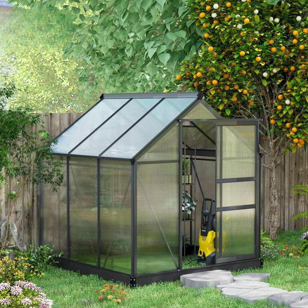 

6-foot X 6-foot Outdoor Greenhouse, Made of Polycarbonate, with Rain Gutters and Roof Vents, Aluminum Walk-in Greenhouse