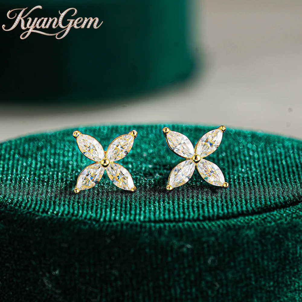 KyanGem Lucky Knot Flower-Shaped 18K Gold Stud Earrings for Women Featuring Marquise-Cut Moissanite Stone Girlfriend Gifts
