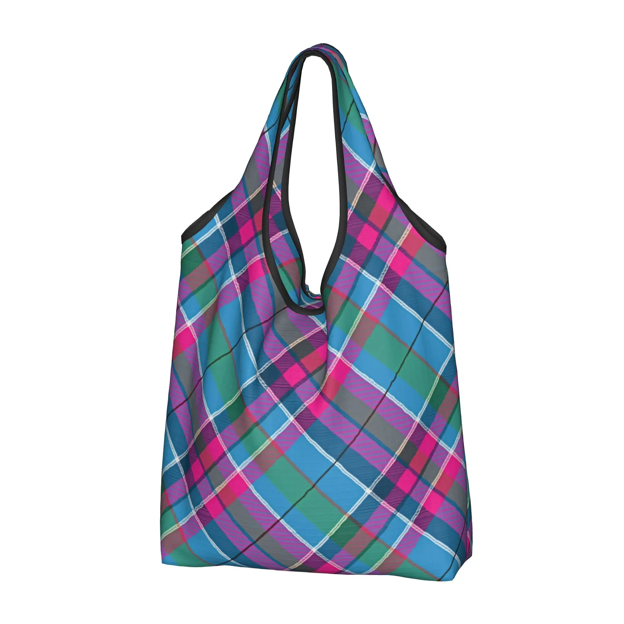 Custom Plaid Vibrant Pink And Sky Blue Tartan Shopping Bag Women Portable Big Capacity Groceries Geometric Shopper Tote Bags