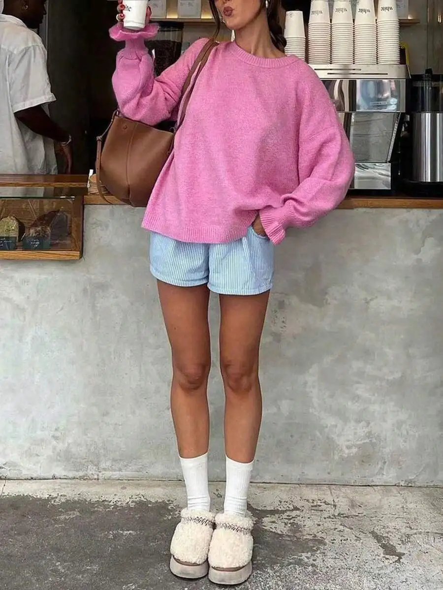 

Pink Round Neck Long Sleeve Loose Knit Sweater For Women Casual Oversized Pullover Spring Summer