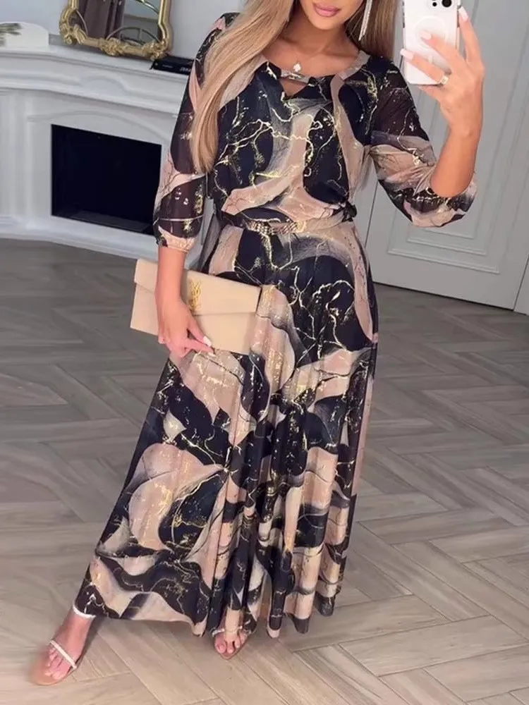 

Elegant Temperament Vestidos Para Mujer Seven Quarter Sleeve Printed Waist Cinched Dress For Women Fashion Casual Long Dresses