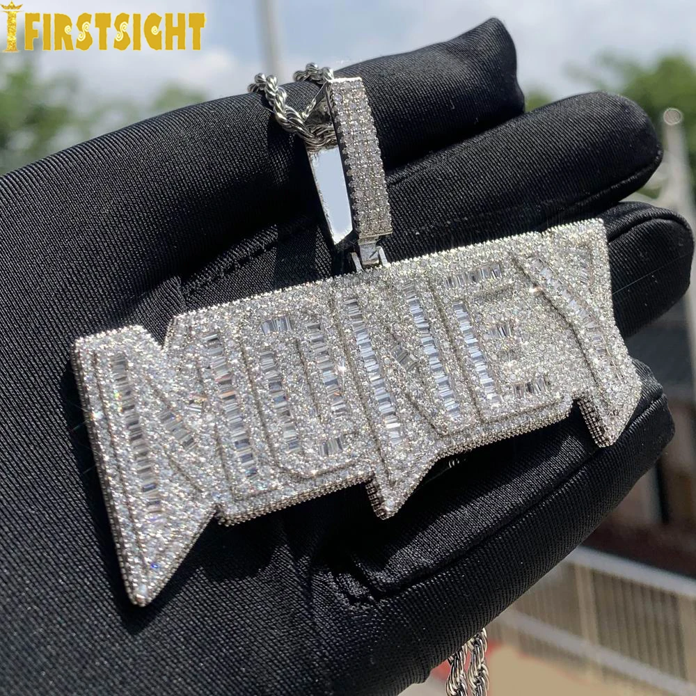 New Iced Out Bling Letters Money Pendant Necklace Gold Silver Color Rectangle CZ Zircon Charm Men's Women Hip Hop Jewelry