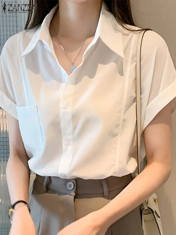 Frauen Revers Hals Kurzarm Arbeit Bluse 2024 Zanzea Sommer elegant solide ol Hemd lässig Knöpfe unten Blusas weibliche Tops Mujer