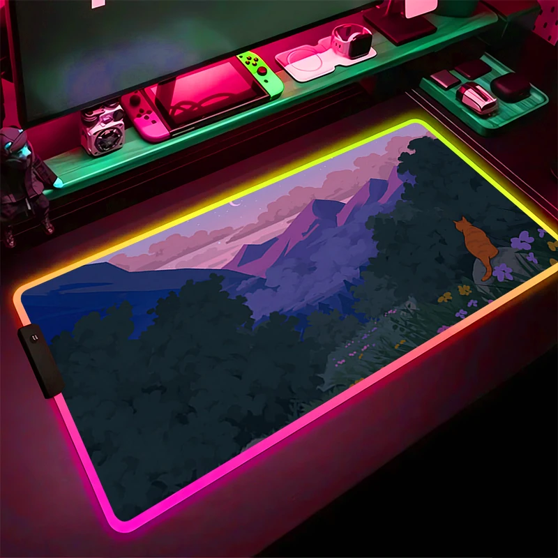 RGB LED Mouse Pad Computer Gamer PC Accessories Mousepad HD Rubber Extended Pad Non Slip Desk Mat Laptop Clouds Cat Keyboard Pad
