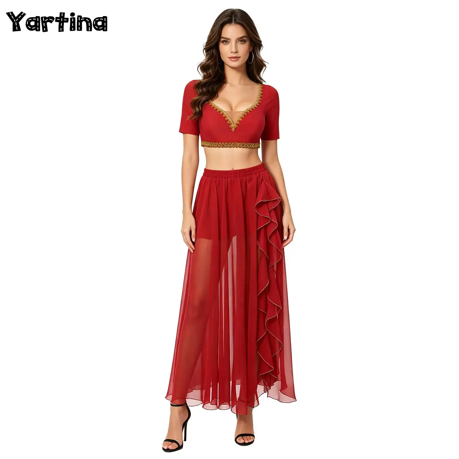 

Womens Folk Belly Dance Outfit Performance Costume Gold Trim Short Sleeve Crop Top with Ruffles Side Split Flowy Maxi Skirt