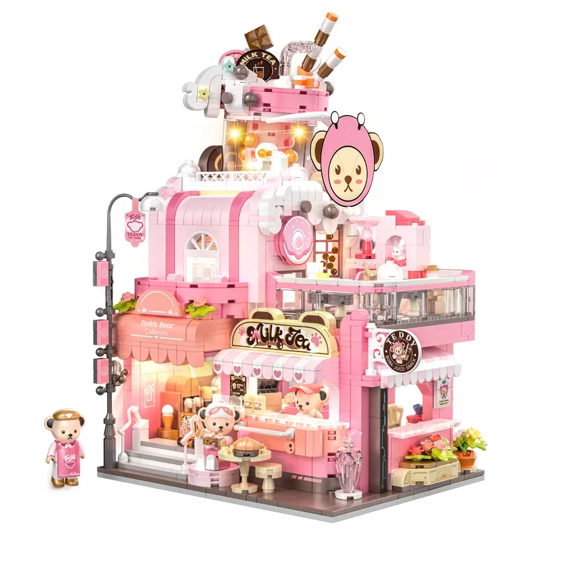 Creative Street View Architecture Bear Milk Tea House Building Block Streetscape Teddy Figures Construction Brick Toy With Light