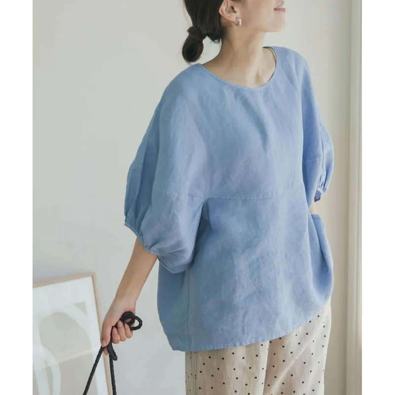 Lotte Nieuwe 2025 Zomer vrouwen Comfortabele Katoen Linnen Losse T-shirt Moderne Sle Bubble Sve Thiened Zomer Top