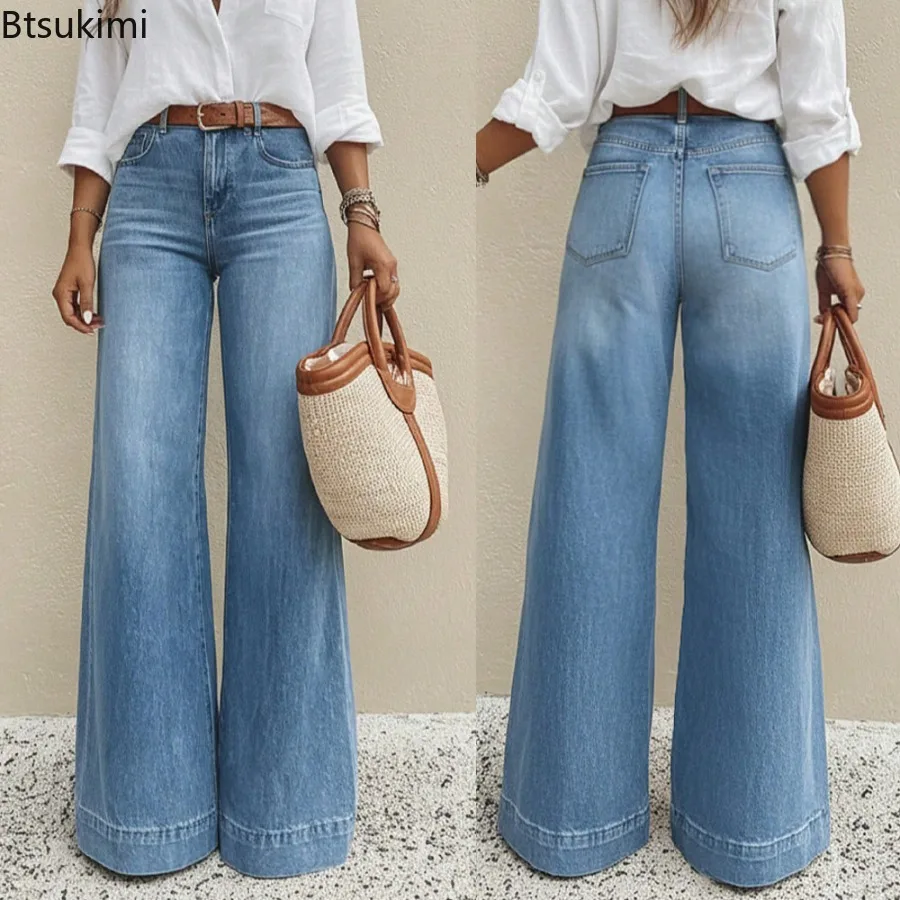 

2026 Spring Summer Women's High Waist Wide Leg Jeans Casual Fashionable Denim Pockets Medium Stretch Washed Fabric Women Jeans