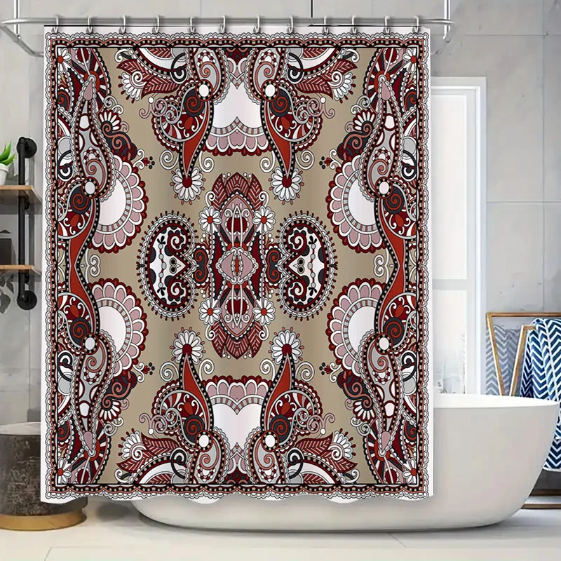 

Modern Boho Paisley Print Shower Curtain Set Cream Red White Decorative Bath Liner for Home Use Size180 x 245cm