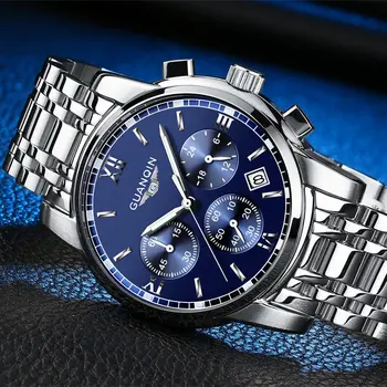 GUANQIN แบรนด์ควอตซ์สแตนเลสนาฬิกาผู้ชาย Hardlex กระจกกันน้ํานาฬิกาส่องสว่างสําหรับชายกีฬา Luxury Chronograph