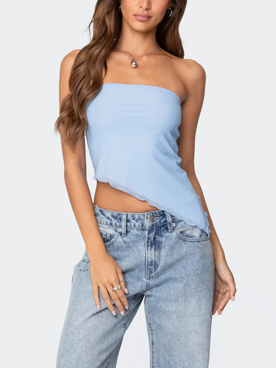 Women Crop Tube Tops Summer Solid Color Lettuce Trim Asymmetrical Bandeau Backless Shirts for Streetwear Y2K Aesthetic Clubwear