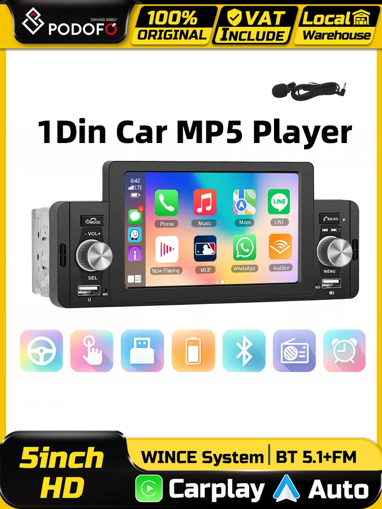 Podofo 1 Din 5-Zoll Autoradio Multimedia MP5 CarPlay Android Auto Videoplayer Stereo Smart Car Intelligentes System BT FM