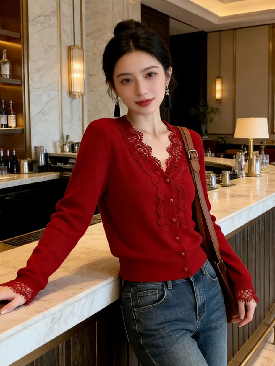 

Красный вязаный кардиган с V-образным вырезом и кружевными вставками, с длинными рукавами, женская верхняя одежда, новинка Весна 2026, базовая рубашка, топ для ношения под одеждой