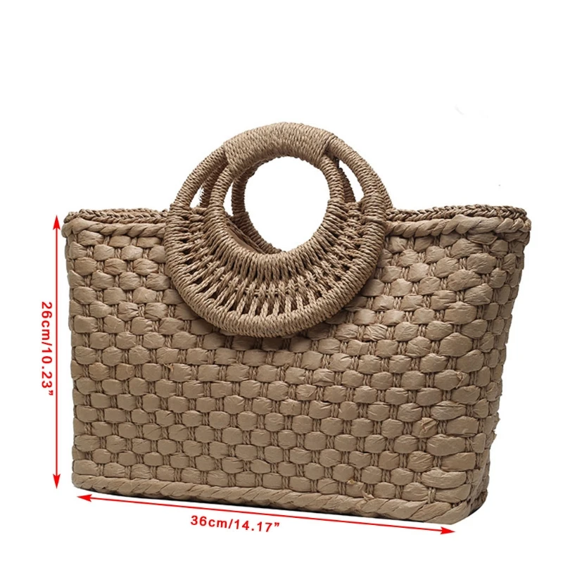 Bohemian Women Summer Beach Woven Straw Handbag with Round Top Handle Travel Vacation Weave Braided Zipper Large Tote Bag