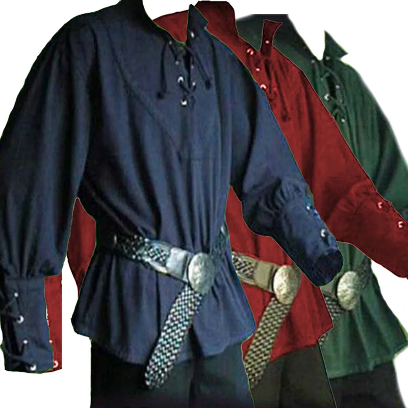 

Pirate Shirts Men Medieval Renaissance Grooms Reenactment Larp Lacing Up Shirt Bandage Top Middle Age Costume