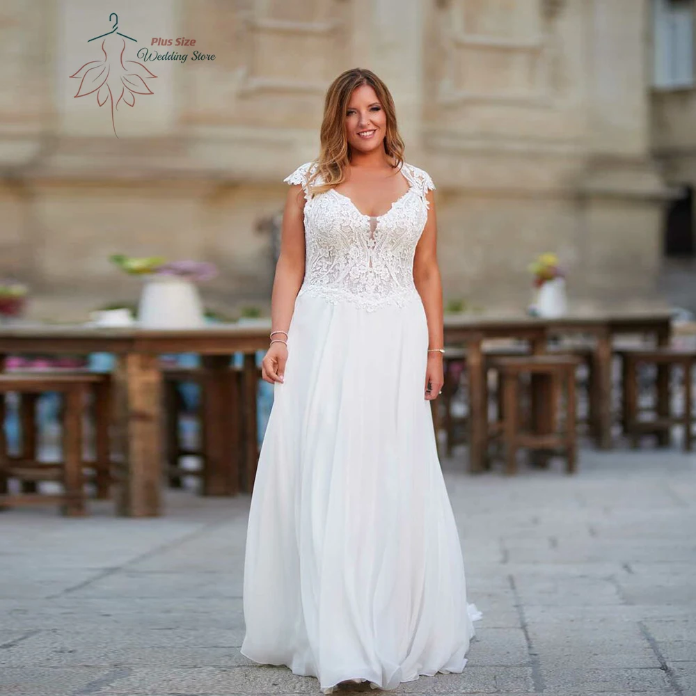 

Classic Chiffon Wedding Dresses Plus Size V Neck Cap Sleeves Bride Gowns Appliques Floor Length A-Line Vestido De Noiva 2024