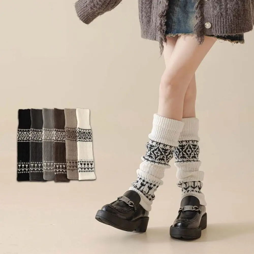 Retro Patchwork Maillard Leg Warmer Thicken Lolita Knitted Leg Covers Warm Pile Up Hosiery Retro Lattice Stockings Fall Winter