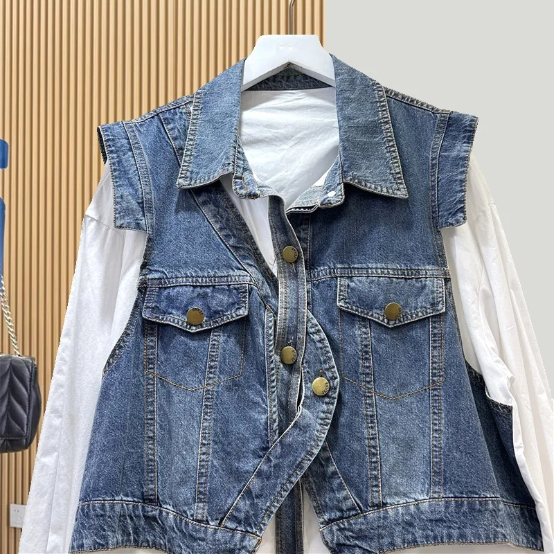 قميص نسائي من Tannt موضة ربيع خريف 2025 من قماش الدنيم المخيط بألوان متطابقة مع بلوزة مزيفة على الموضة تناسب جميع الأعمار قطع علوية نسائية طويلة فضفاضة