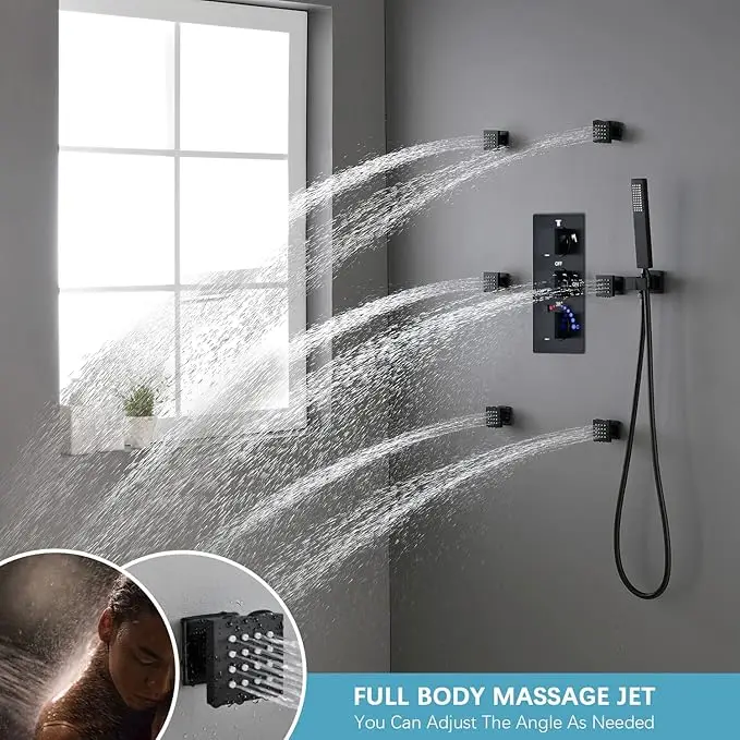 ZAPPO Bathroom Thermostatic Shower Set 4 Function Shower Systerm Black with 6 Shower Message Jets Bathroom Shower Faucet Set
