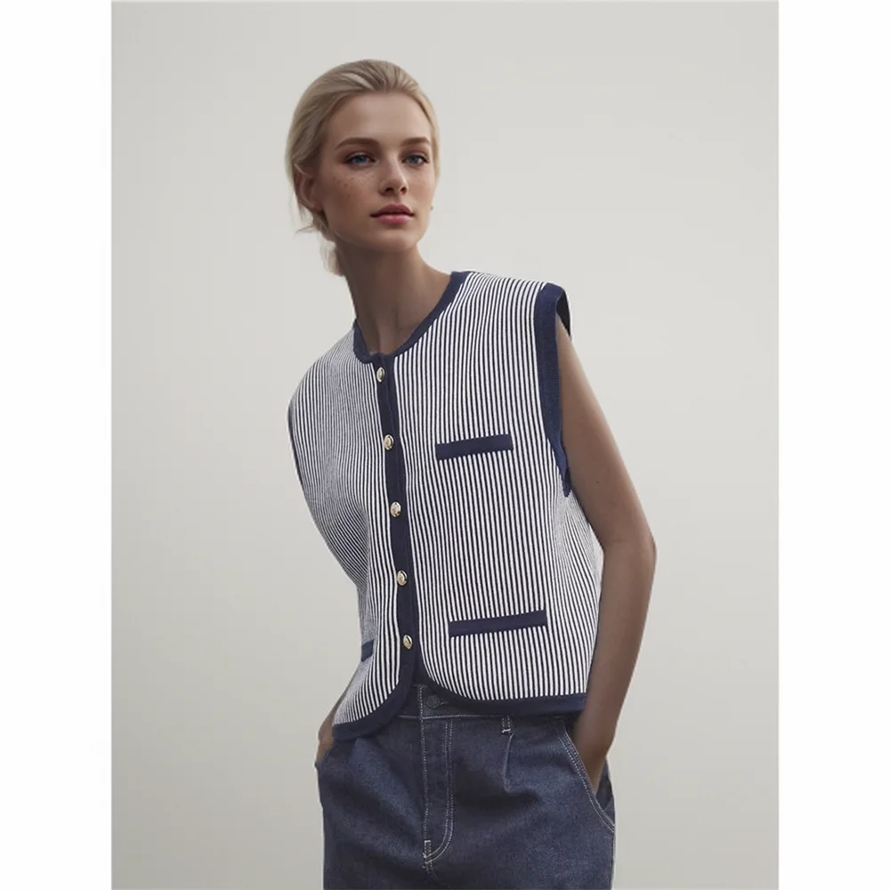 Cos Lris2024 autumn new style simple round neck striped knitted irregular hem sleeveless vest for women 05712677407