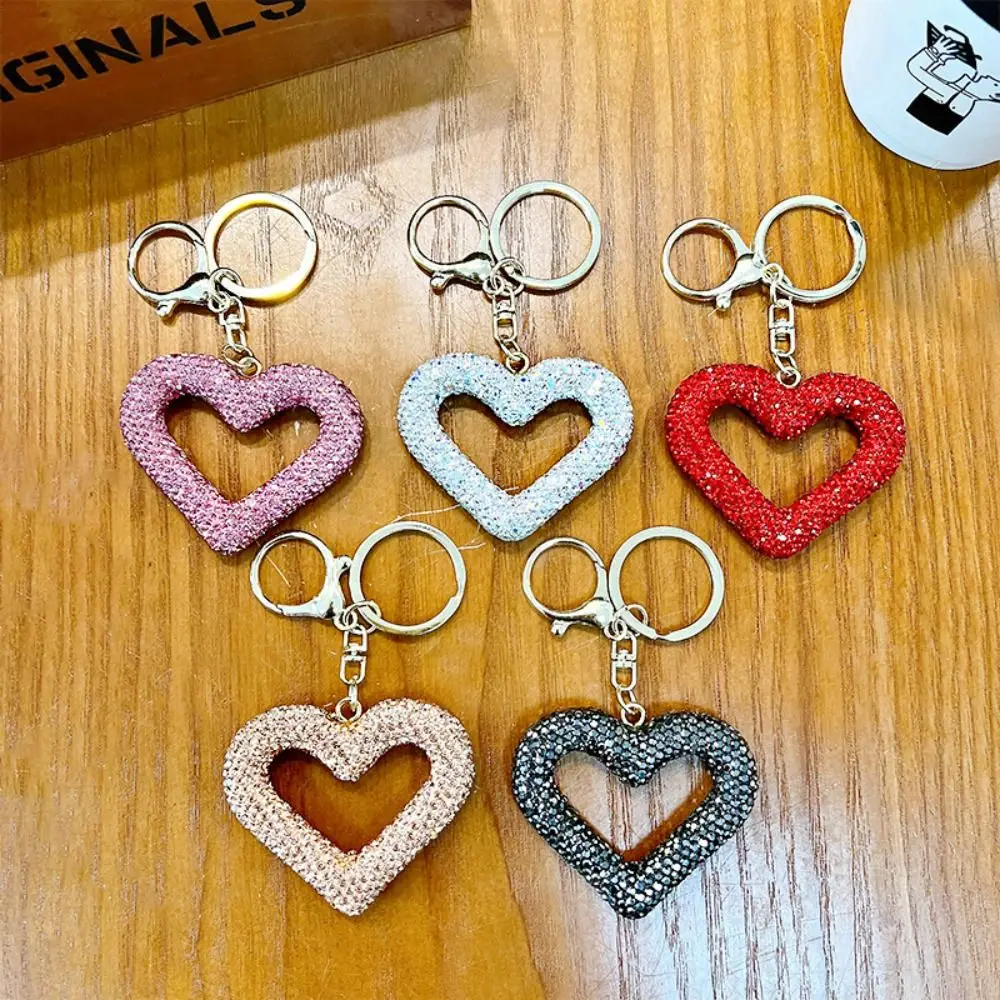 Inlaid Heart Full Diamond Love Keychain Full Diamond Leather Rope Water Diamond Key Pendant Creative Hollow