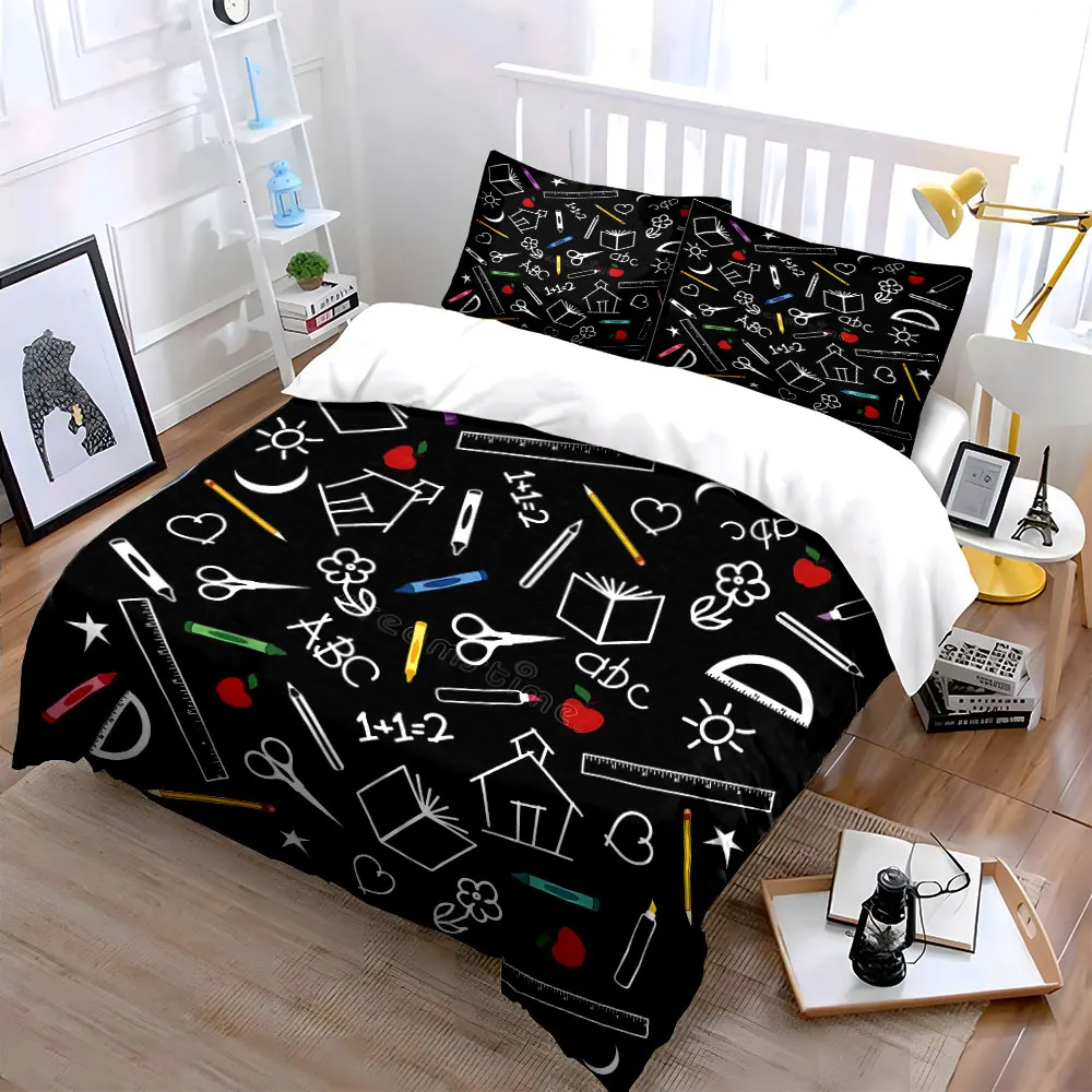 Education Elements Doodle Background Printed Duvet Cover Set 1 Duvet Cover+2 Pillowcase Multi Size Bedroom Bedding Decor