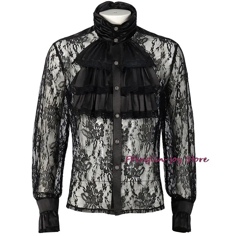 

Men Renaissance Long Sleeve Lace Shirt Medieval Pirate Steampunk Colonial Shirt Top Halloween Perform Costume Homme