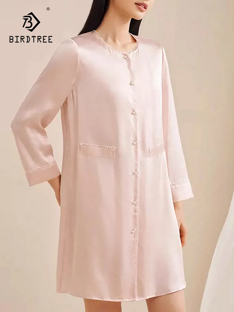 

BirdTree,6A 19MM 100%Mulberry Silk Elegant Nightgown, Women Long Sleeve, French Solid Soft Pajama Dress, 2024 Summer P45760QC