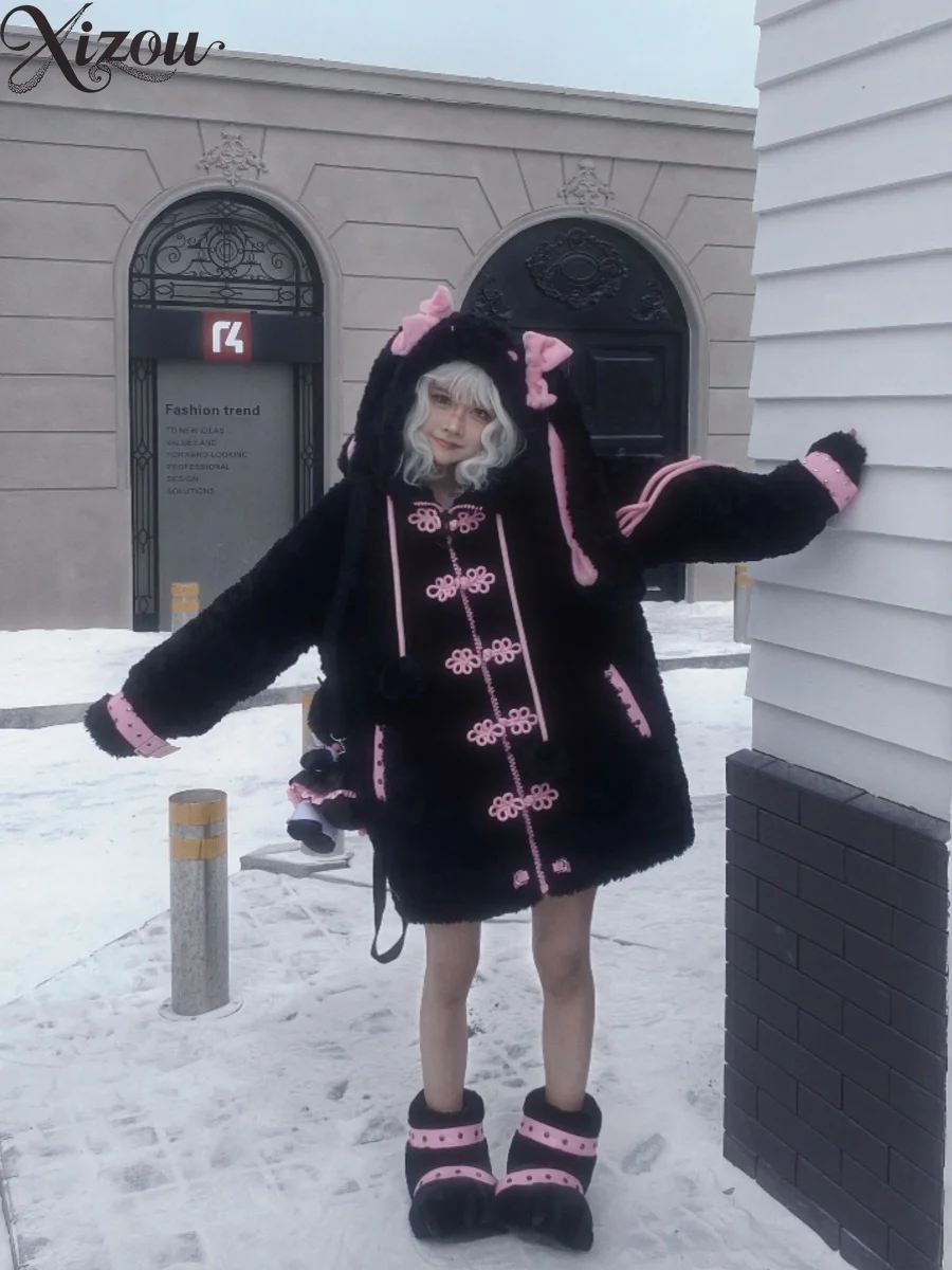 

2024 японское пальто Y2K, милые вязаные свитера для женщин, осень-зима, на шнуровке, с бантом, кроличьими ушками, мягкий милый капюшон в стиле панк, с длинным рукавом