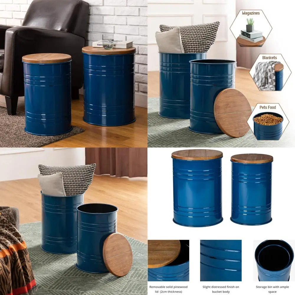 مجموعة طاولات متداخلة معدنية على طراز المزرعة، طاولة قهوة مستديرة مع مساحة تخزين، طاولات نهاية صغيرة مكونة من قطعتين لغرفة المعيشة #1