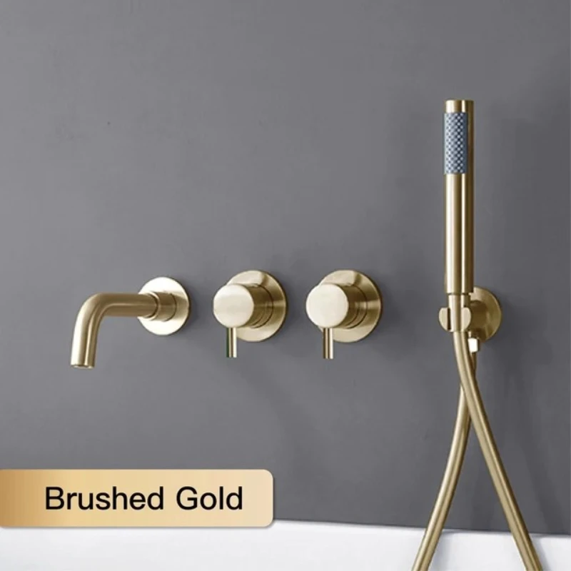 Farrete صنبور حوض استحمام مخفي مثبت على الحائط مسدس رمادي بالكامل نحاسي مدمج طقم رأس دش بارد وساخن للحمام مصقول باللون الذهبي