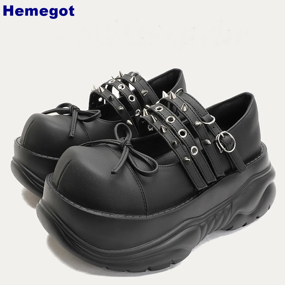 

Round Toe Metal Rivet Mary Janes 2024 Summer New Thick Sole Sports Casual Street Buckle Pumps Black Fashion Women Short Boots