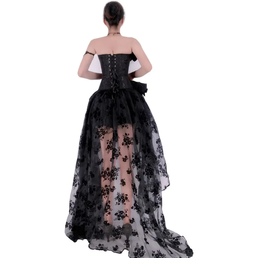 Women Corset Dress Vintage Ruffle Overbust Top Gothic Bustier Corset Burlesque Sexy Floral Lace Skirt 2 Piece Set Plus Size Gown